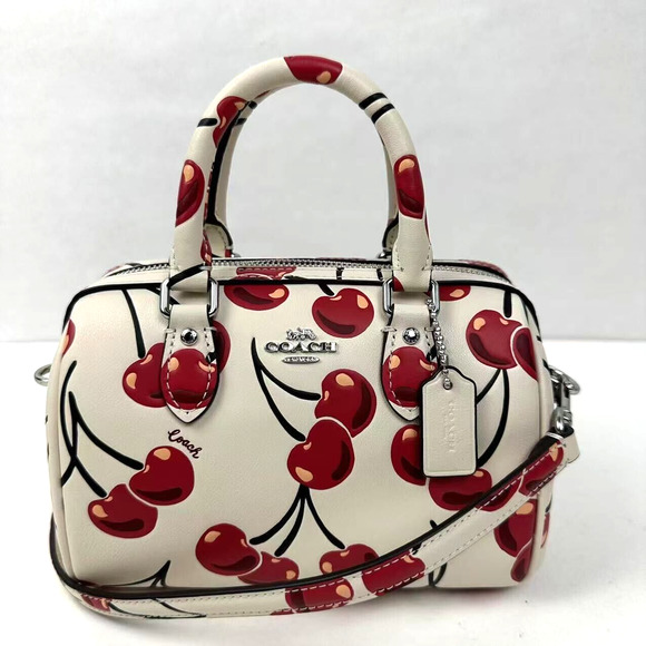 Coach Mini Rowan Crossbody Bag Cherry Print Leather Silver/Chalk Multi CY745 NWT - Picture 1 of 13